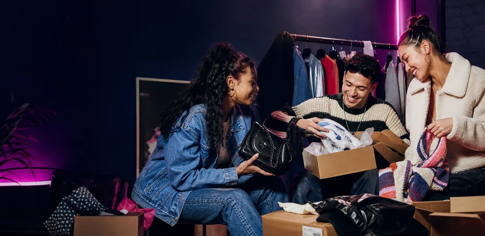 Illustrative campaign of friends discovering fashion finds together