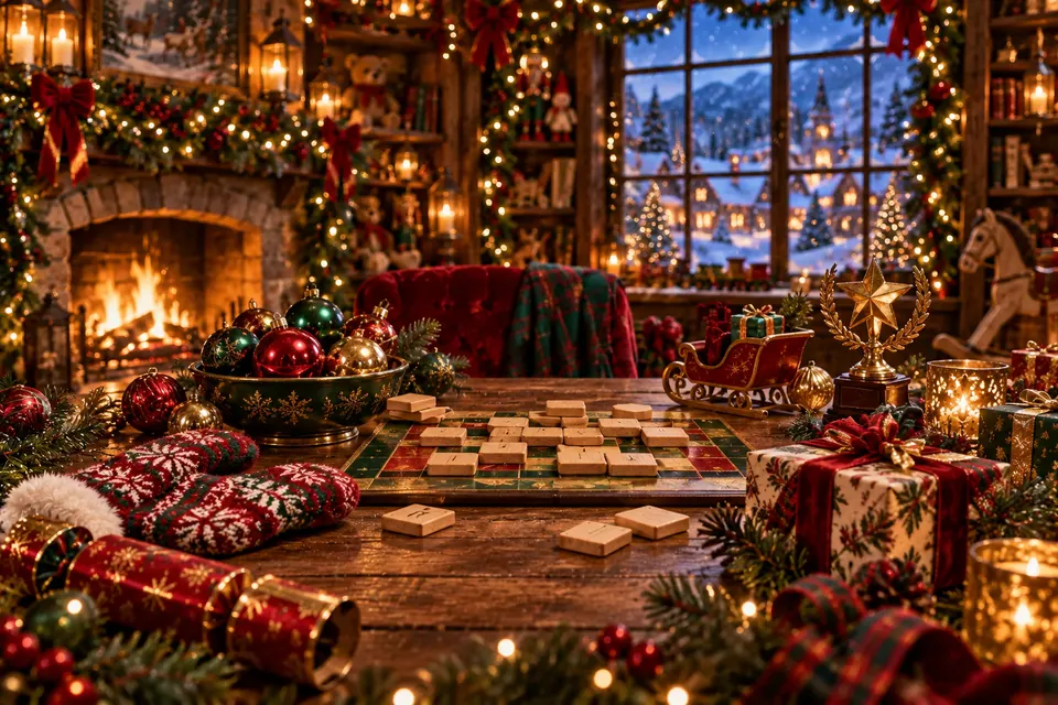 A candlelit North Pole games table with mittens, baubles, presents and a golden trophy