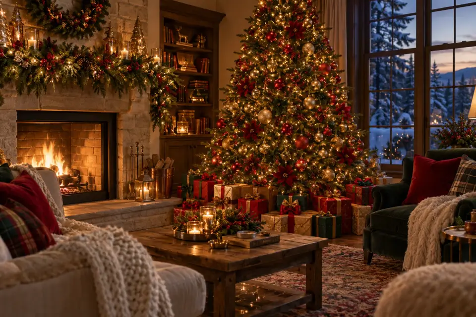 A glowing tree and fireplace in a cosy Christmas living room